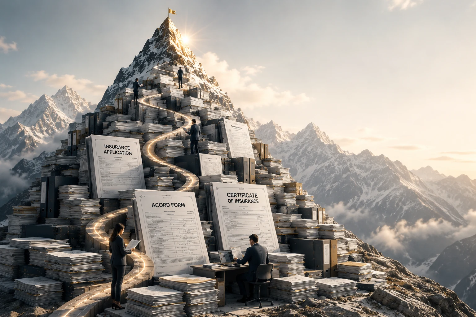 Insurance virtual assistants and back-office processors handling ACORD forms and insurance documents, climbing a mountain of paperwork toward a flag at the summit